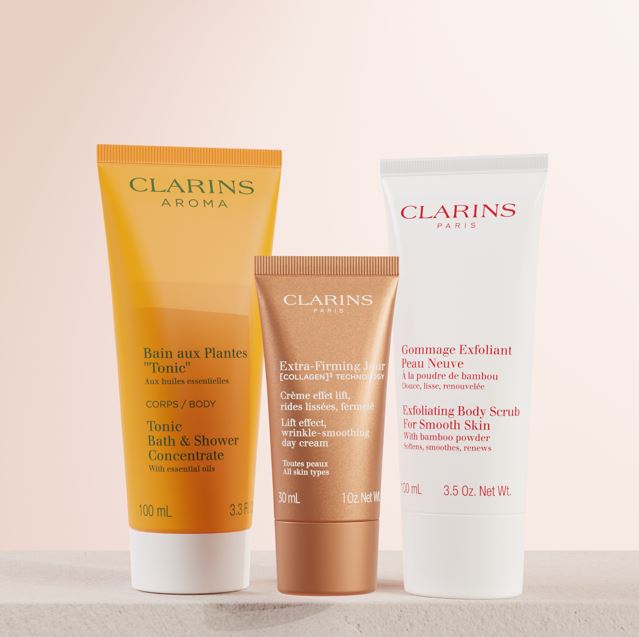 Receive 3 Complimentary Deluxe Sized Clarins Essentials, When You Purchase Two Clarins Products, One to be a Moisturiser or Serum*.