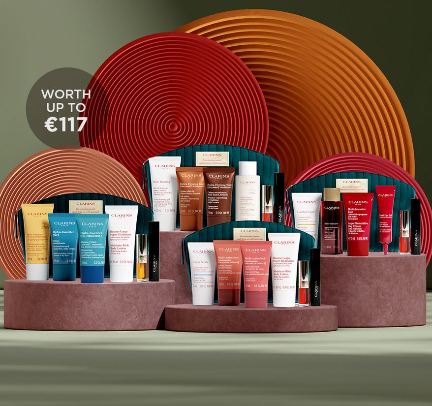 Choose a Complimentary Clarins Gift, Worth €117, When You Purchase Two Clarins Products, One to be a Moisturiser or Serum.*