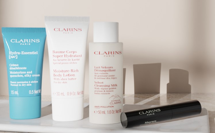 Receive 4 travel-sized essentials when you purchase 2 Clarins products, one to be a moisturiser or serum