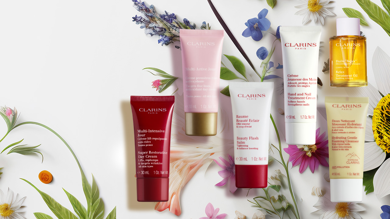 Your choice of 3 travel-sized Clarins delights when you buy two recommended Clarins product, one to be moisturiser or serum